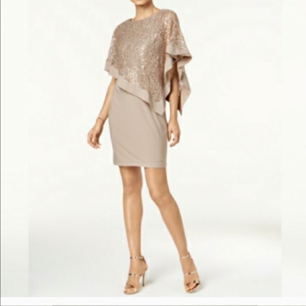 R&M Richards Petite Sequin Cape Sheath Bei…